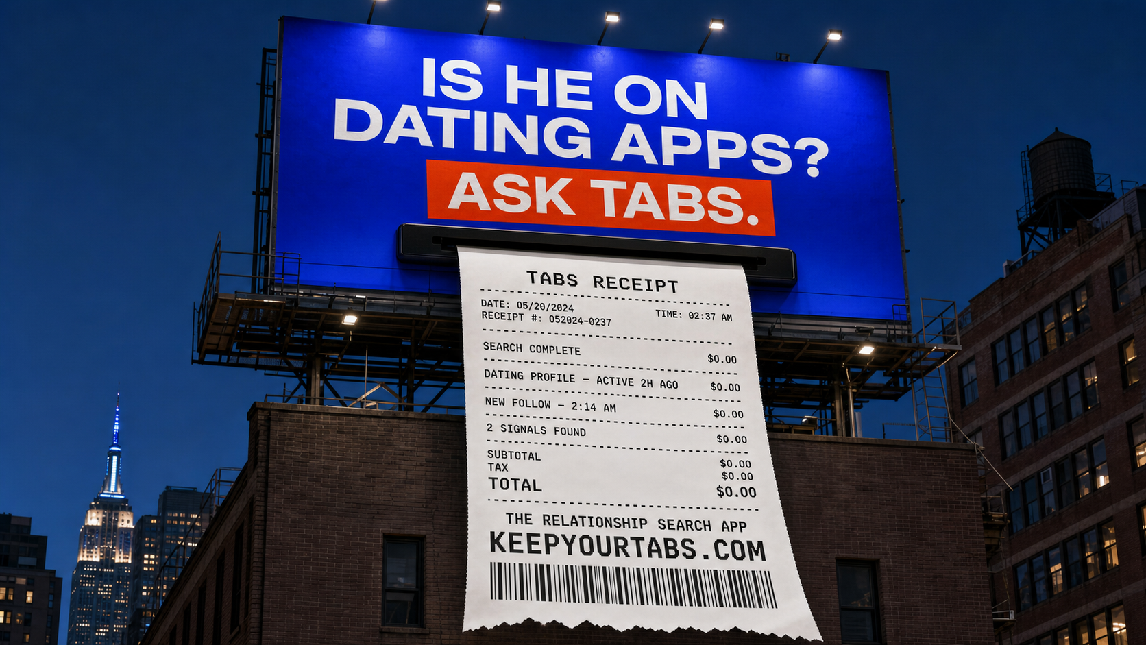 Ask Tabs billboard printing a giant itemized receipt over New York City