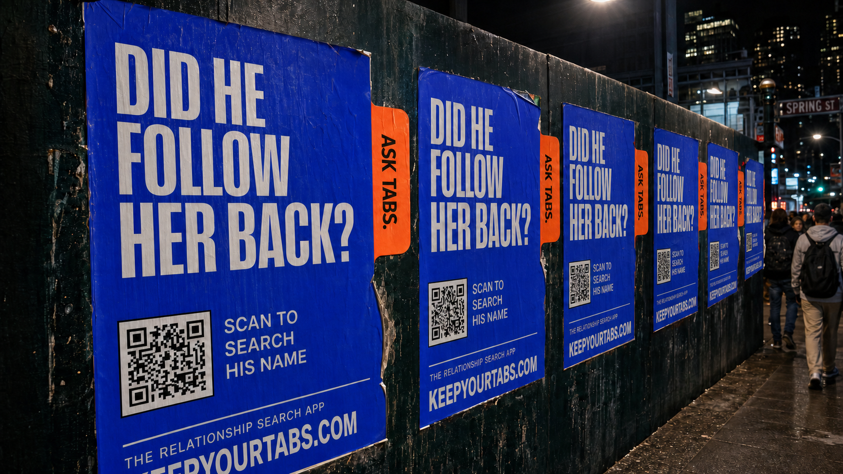 Blue Ask Tabs wildposters with pedestrian call to action